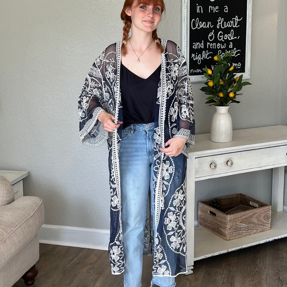 Navy Mesh Lace Embroidered Kimono